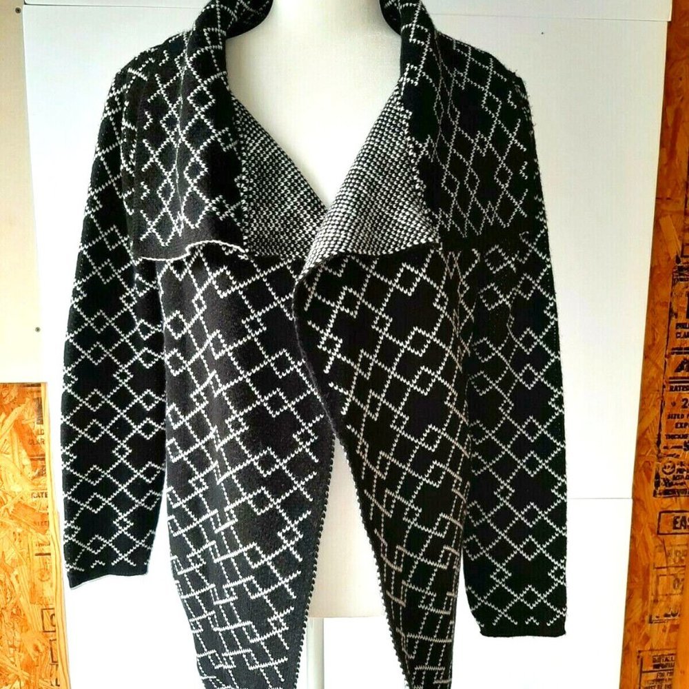 Ava Couture Women's Cardigan Sweater Top Blazer Black White Open Front, Sz S